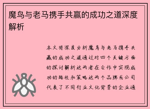 魔鸟与老马携手共赢的成功之道深度解析 魔鸟与老马携手共赢的成功之道深度解析
